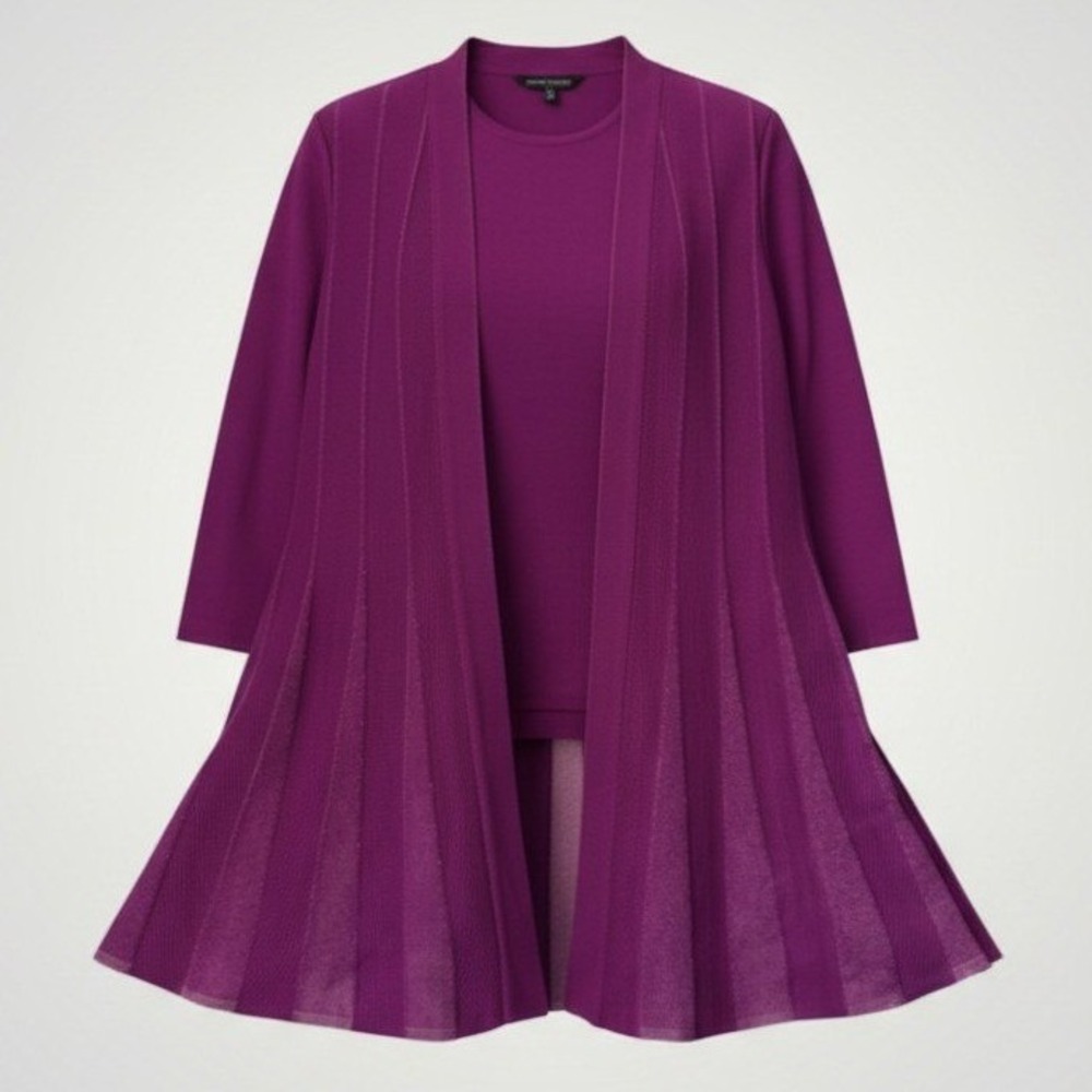 Ming Wang Sweater Twin Set Women Medium Purple Pleated Cardigan Tank Office Knit